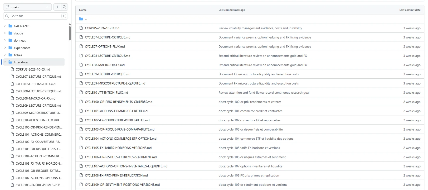 Capture réelle du dossier litterature du GitHub de recherche : fiches de lecture des papiers