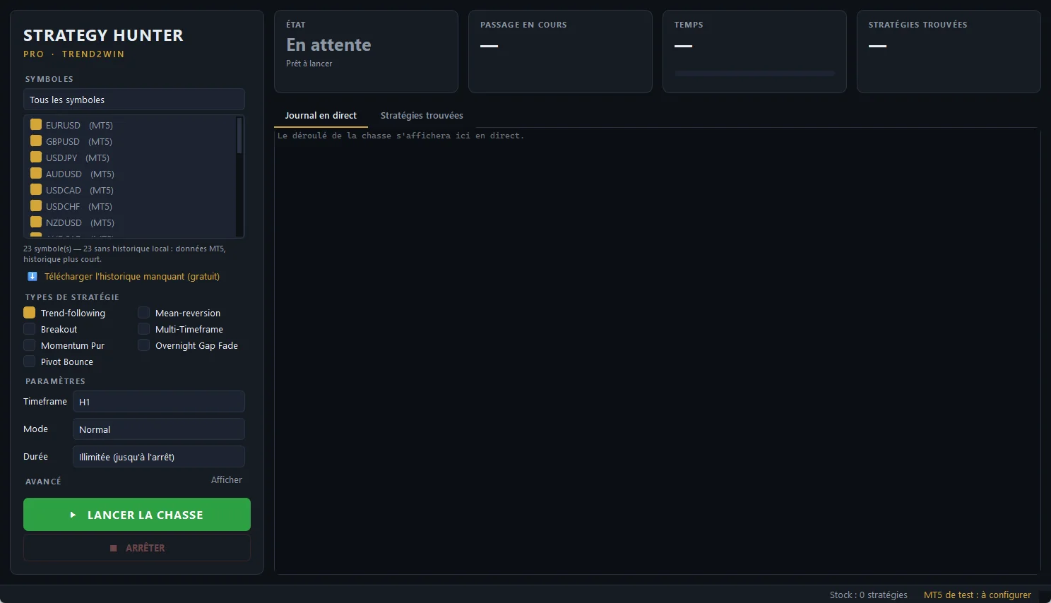 Capture réelle du terminal Strategy Hunter Pro